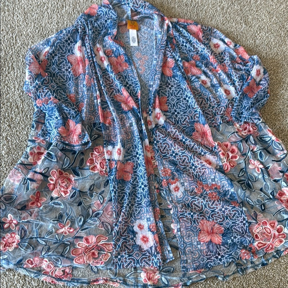 Ruby Rd. Floral Blue & Coral Kimono Cardigan